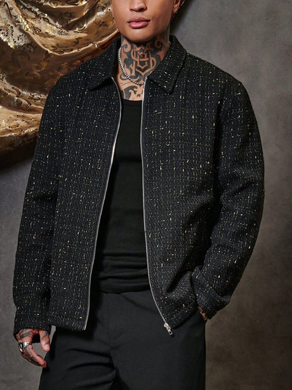 Black Business Men's Loose Fit Zip-Up Plaid Tweed Overcoat Jacket